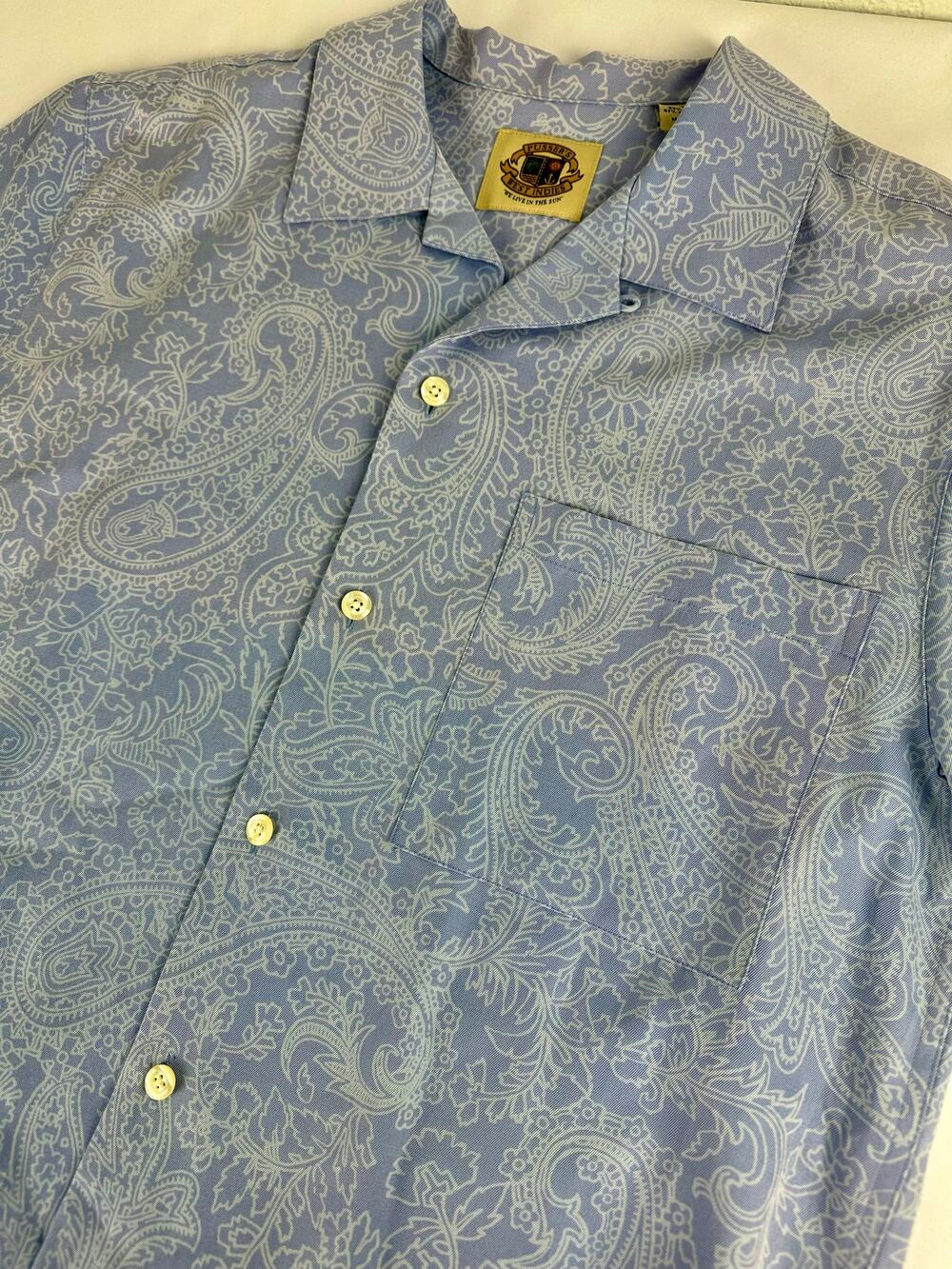 Pusser's West Indies Blue Camp Loop Collar Silk Shirt Paisley Nautical Men's S